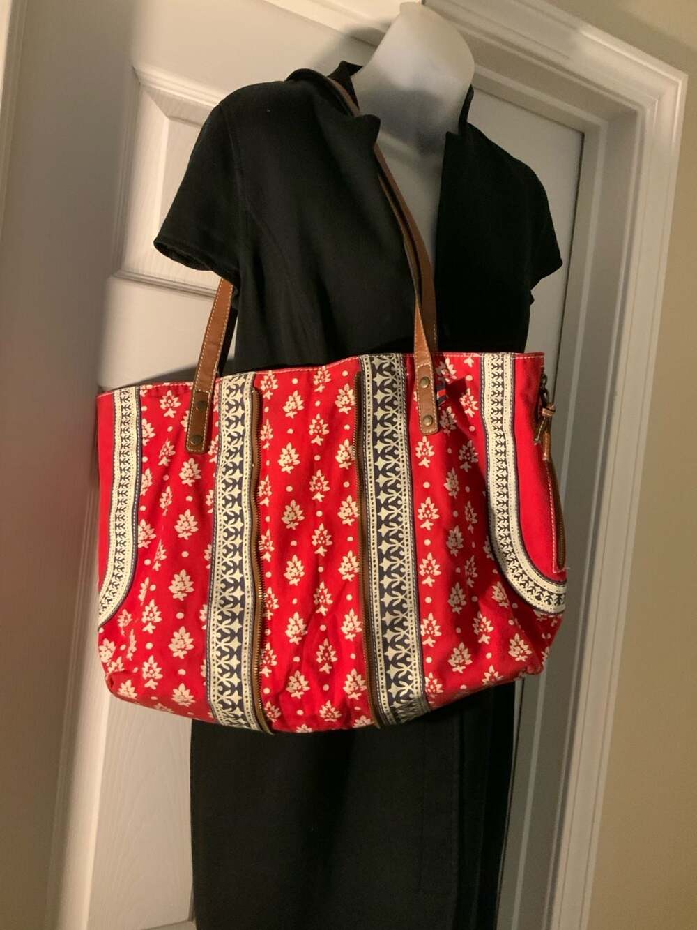 Tommy Hilfiger Vintage Red Canvas Expandable Bandana Boho Tote Bag